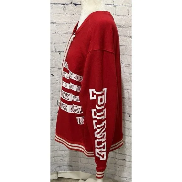 PINK by Victoria’s Secret Red Lace Up Sweatshirt Top Snowflakes Ski Winter Large - Picture 4 of 7